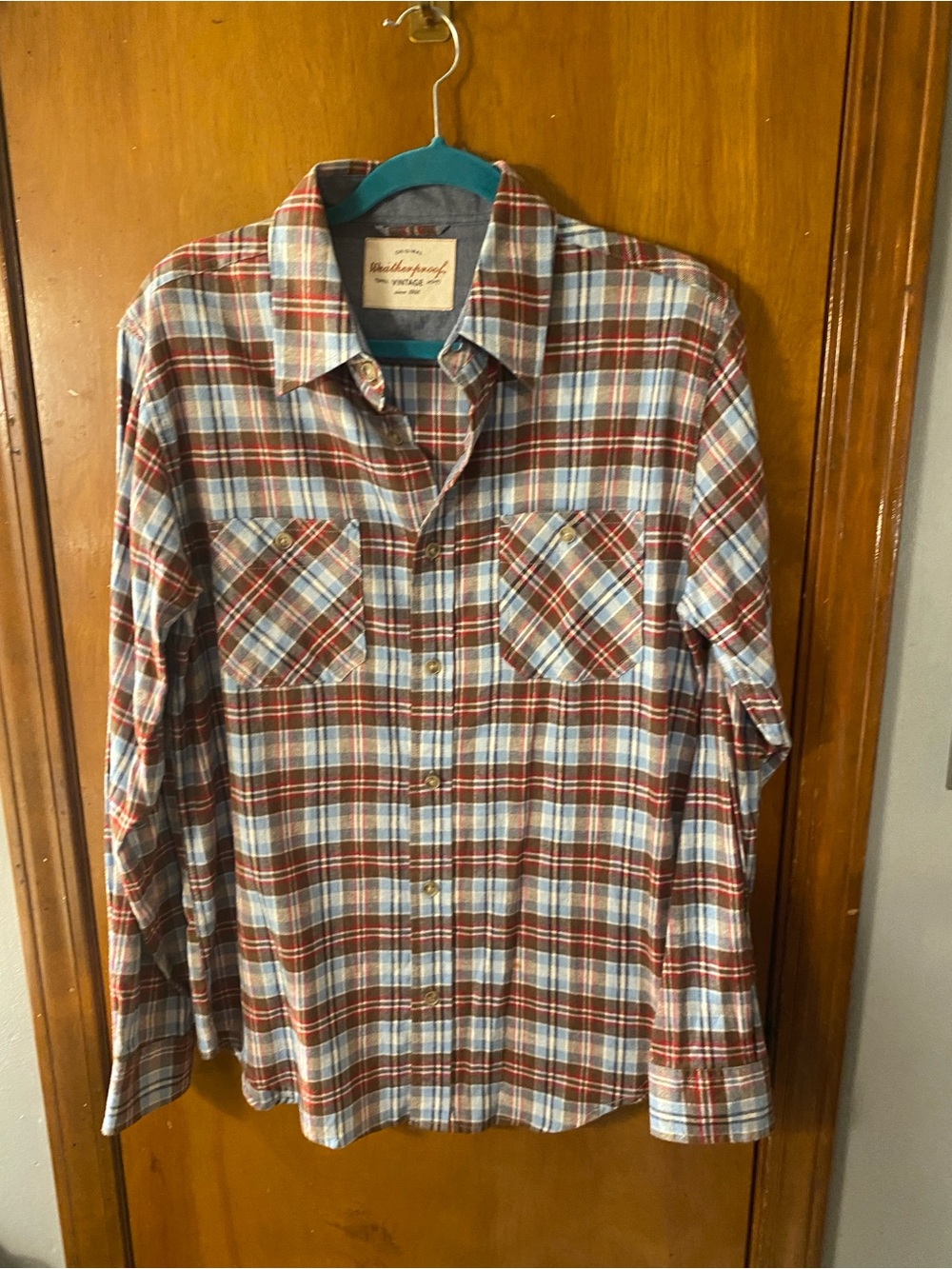 Weatherproof Men’s Red & Light Blue Plaid Button-Down flannel shirt
